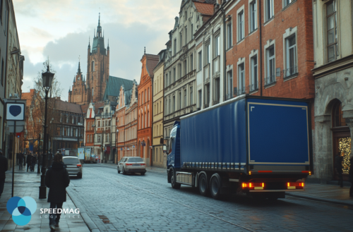 Nowoczesna ciężarówka dostawcza na wąskiej ulicy Wrocławia, logistyka miejska w praktyce