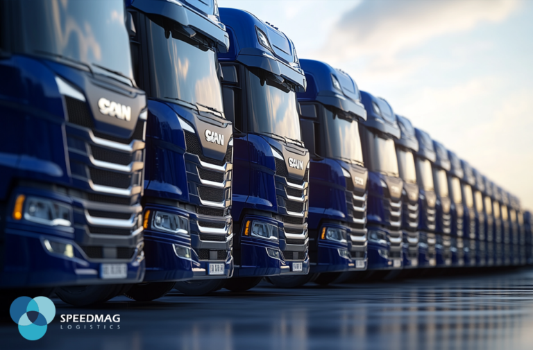 Nowoczesne ciężarówki na parkingu firmy transportowej we Wrocławiu, gotowe do załadunku.