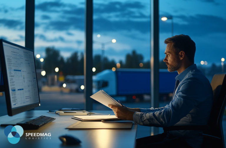 Ciężarówka z kontenerem na trasie transportowej we Wrocławiu, symbolizująca bezpieczeństwo przewozu.