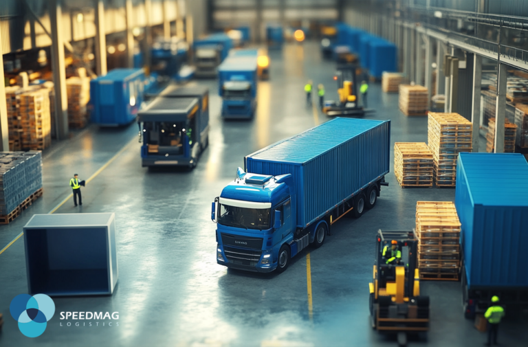 Nowoczesna flota transportowa we Wrocławiu – niebieska ciężarówka na tle magazynu logistycznego