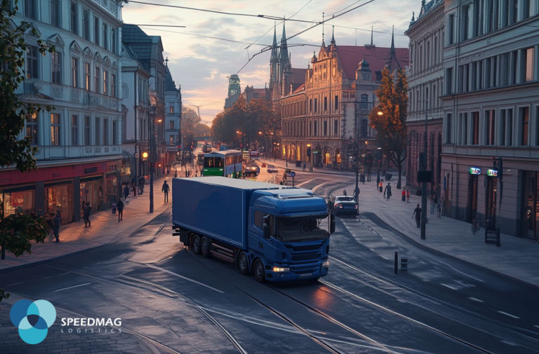 Ruch drogowy we Wrocławiu – ciężarówka manewrująca w centrum miasta.