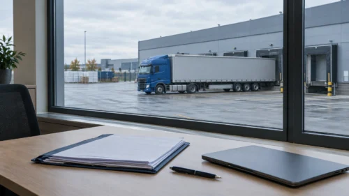 Dokumenty zlecenia na biurku, a za oknem niebieska ciężarówka przy magazynie logistycznym.