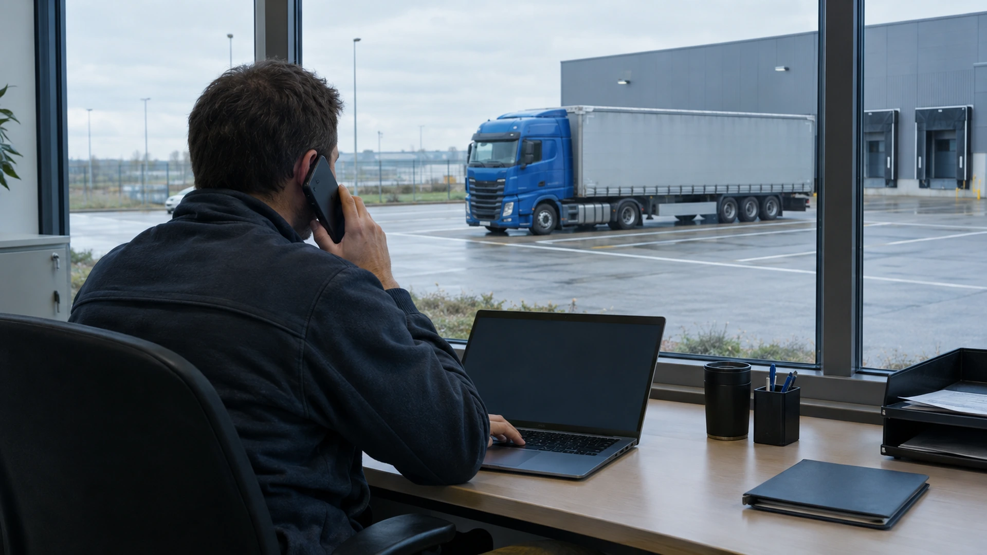 Koordynator rozmawia przez telefon przy laptopie; za oknem niebieska ciężarówka czeka na placu magazynu.