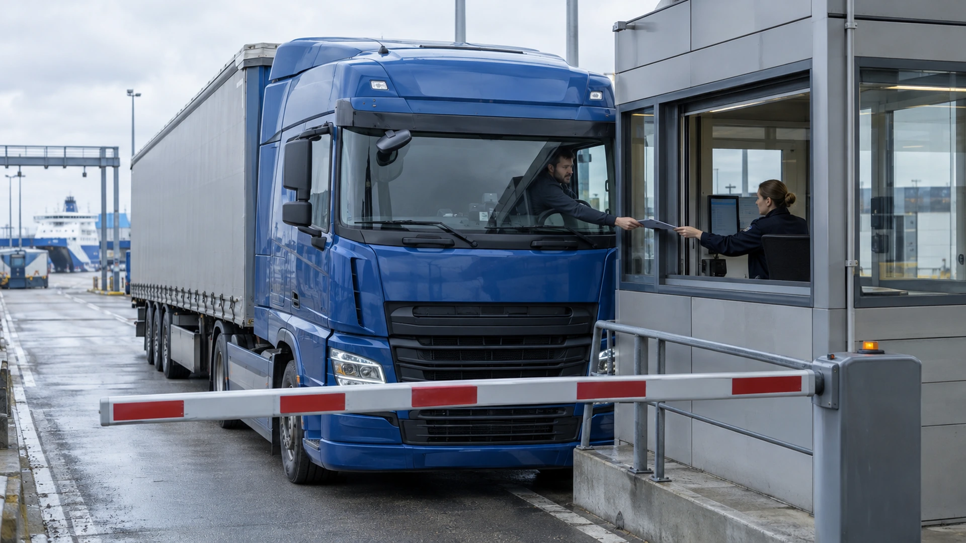 Kierowca niebieskiej ciężarówki przekazuje dokument operatorowi w okienku check-in przed opuszczonym szlabanem.